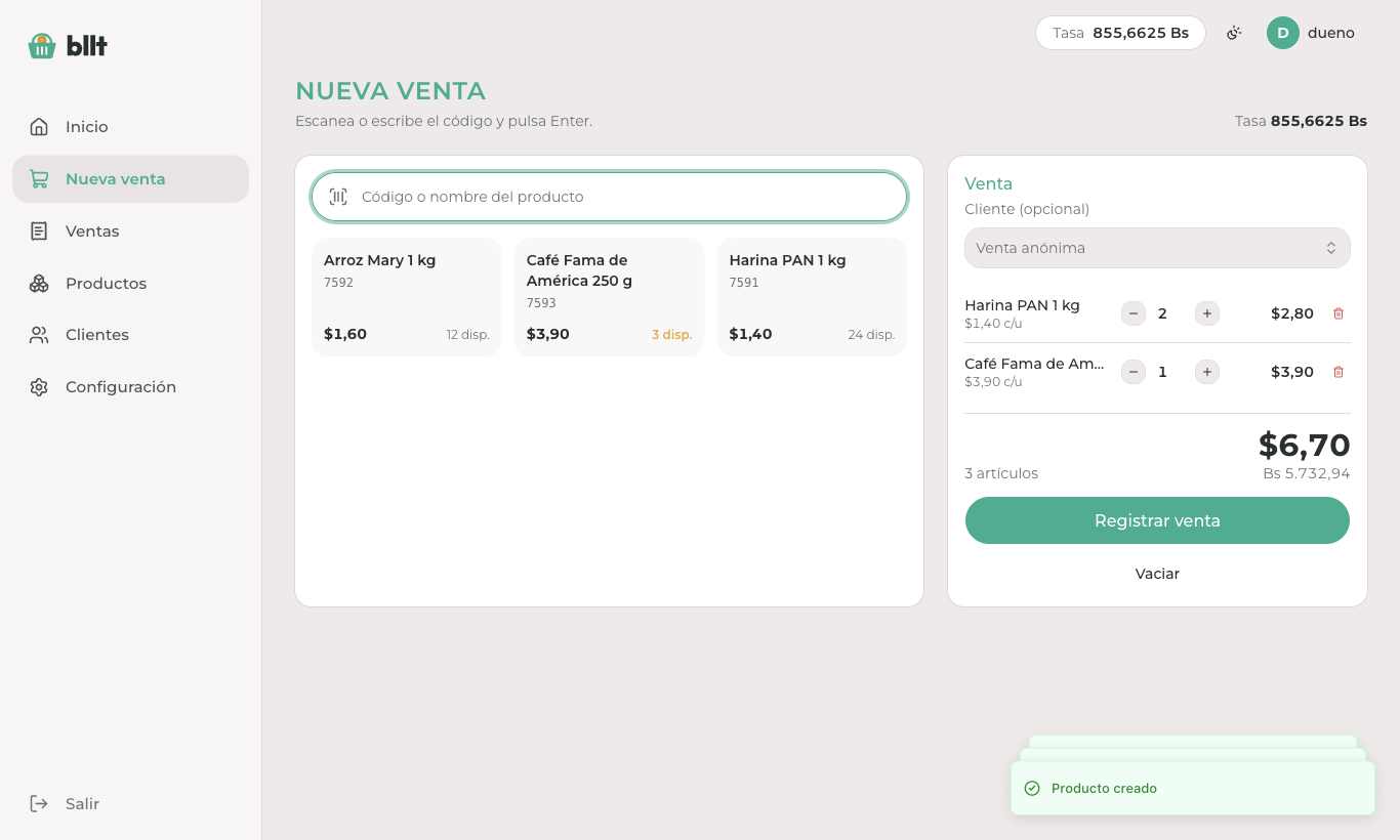 Pantalla de nueva venta con lector de código
