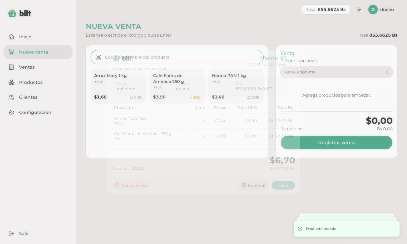 Comprobante de venta con montos en USD y Bs